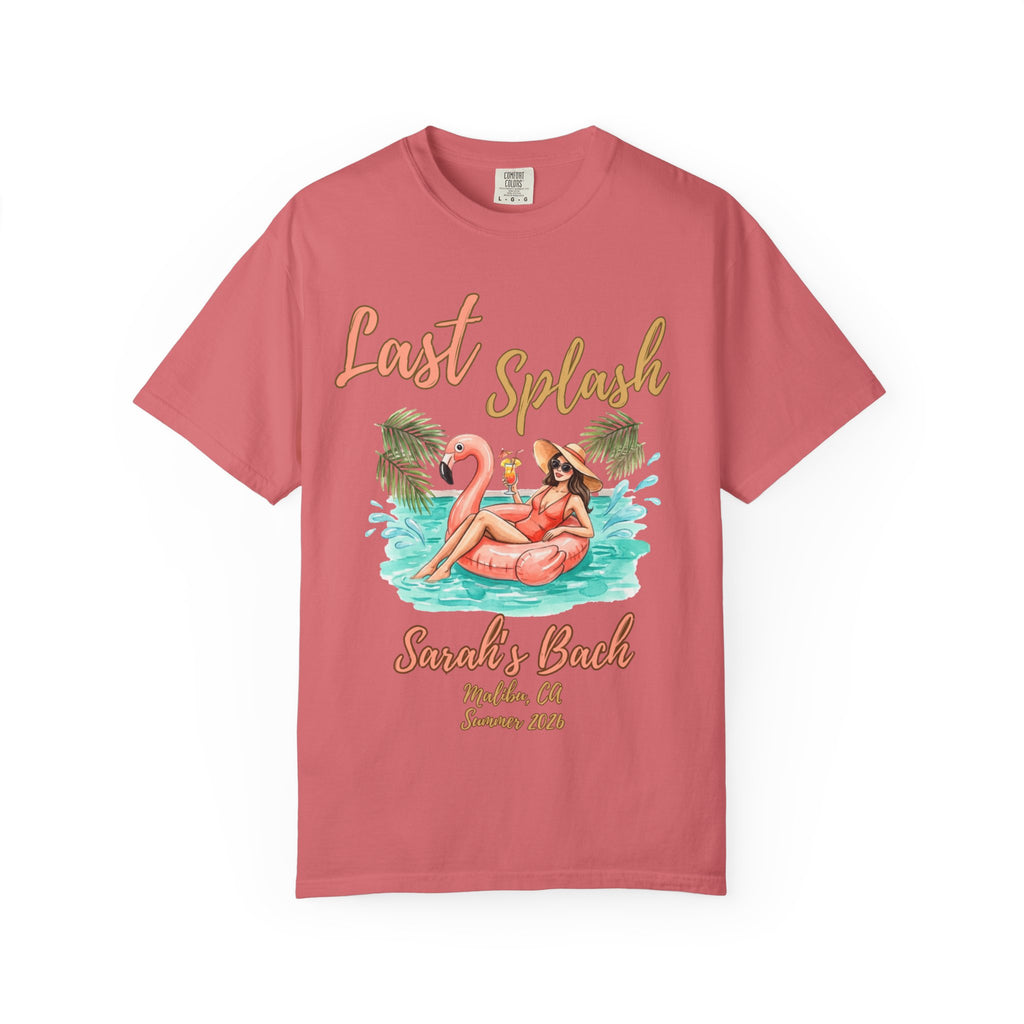 T-shirt with "Last Splash Sarah's Bach" text and flamingo float illustration.