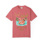 T-shirt with "Last Splash Sarah's Bach" text and flamingo float illustration.