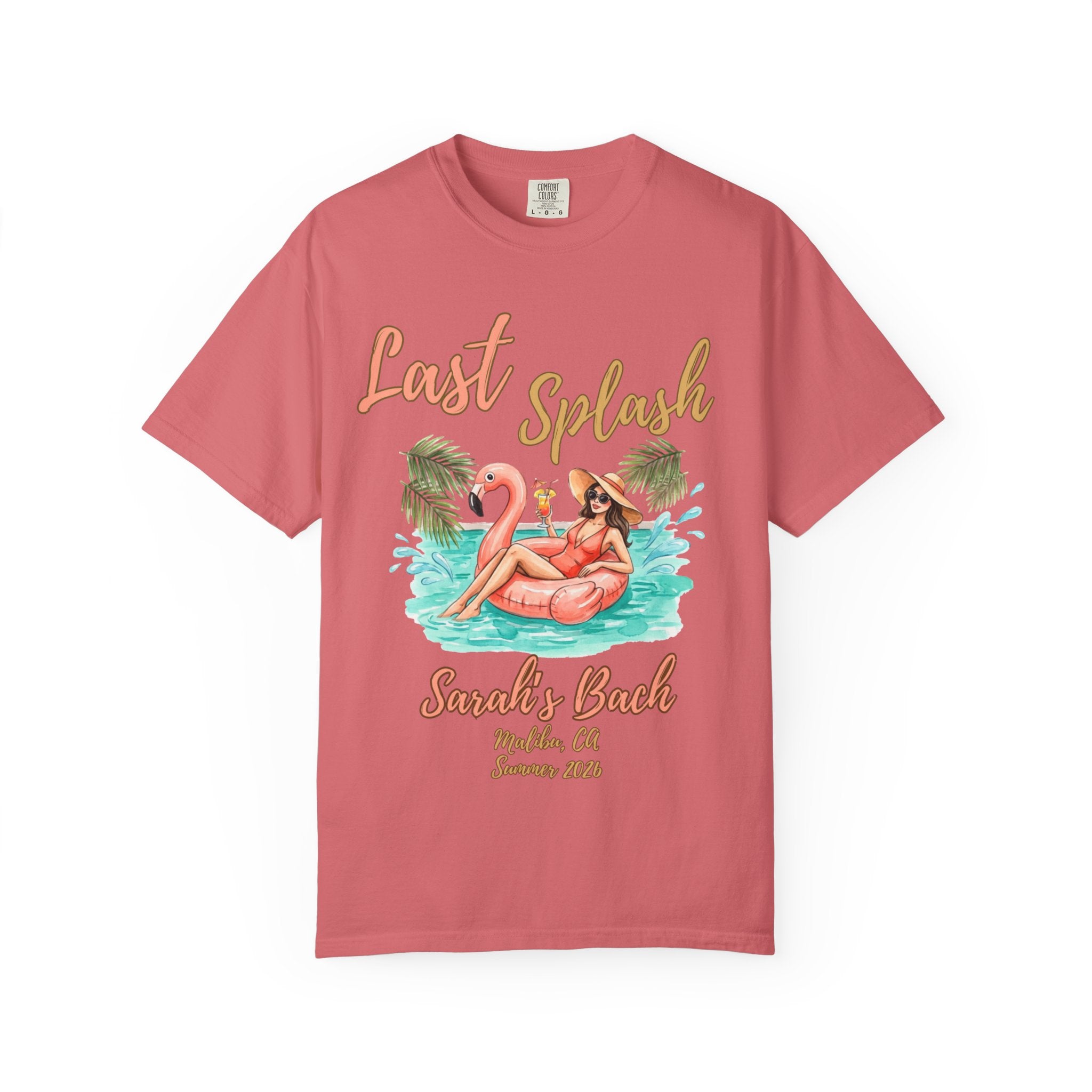 T-shirt with "Last Splash Sarah's Bach" text and flamingo float illustration.