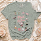 Muted green t-shirt with "Maid of Honor" and wedding-themed illustrations.