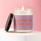 Candle with pink label saying "Happily Ever After Starts Now"