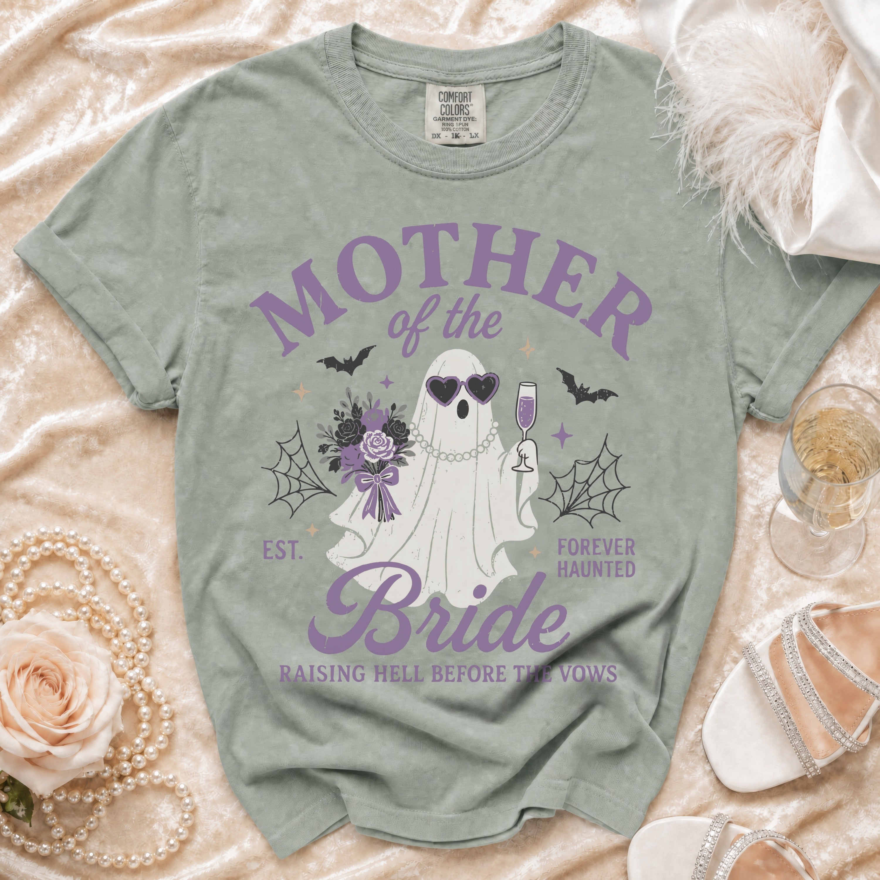 Ghost in heart sunglasses with bouquet and champagne, "Mother of the Bride".