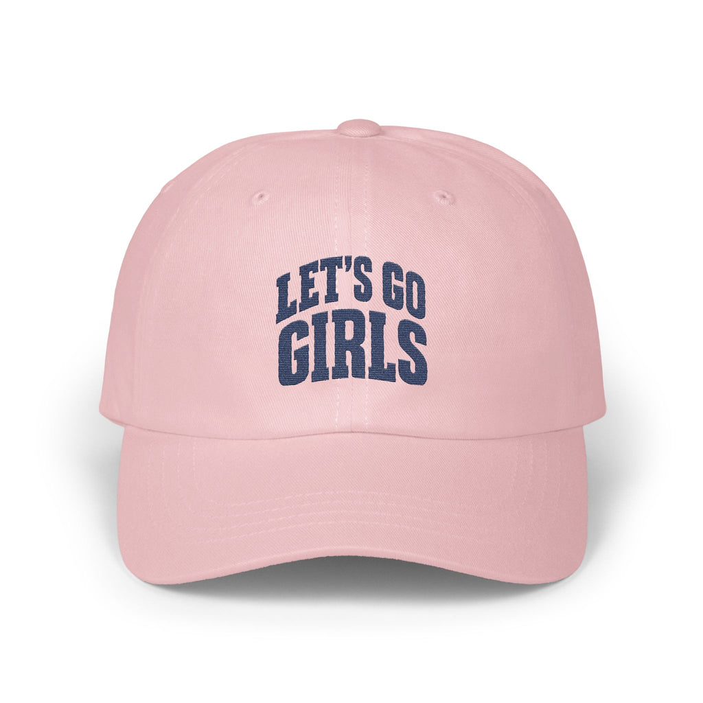 A light pink baseball cap with embroidered navy blue text reading "Let's Go Girls" across the front.