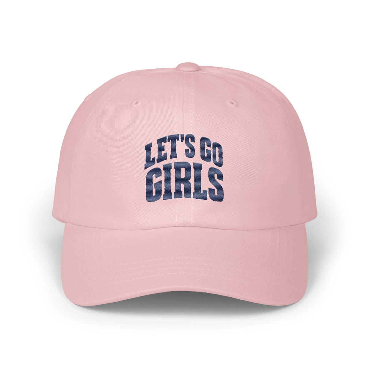 A light pink baseball cap with embroidered navy blue text reading "Let's Go Girls" across the front.