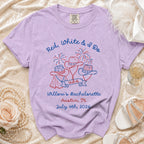Bachelorette t-shirt with "Red, White & I Do USA" and event details.