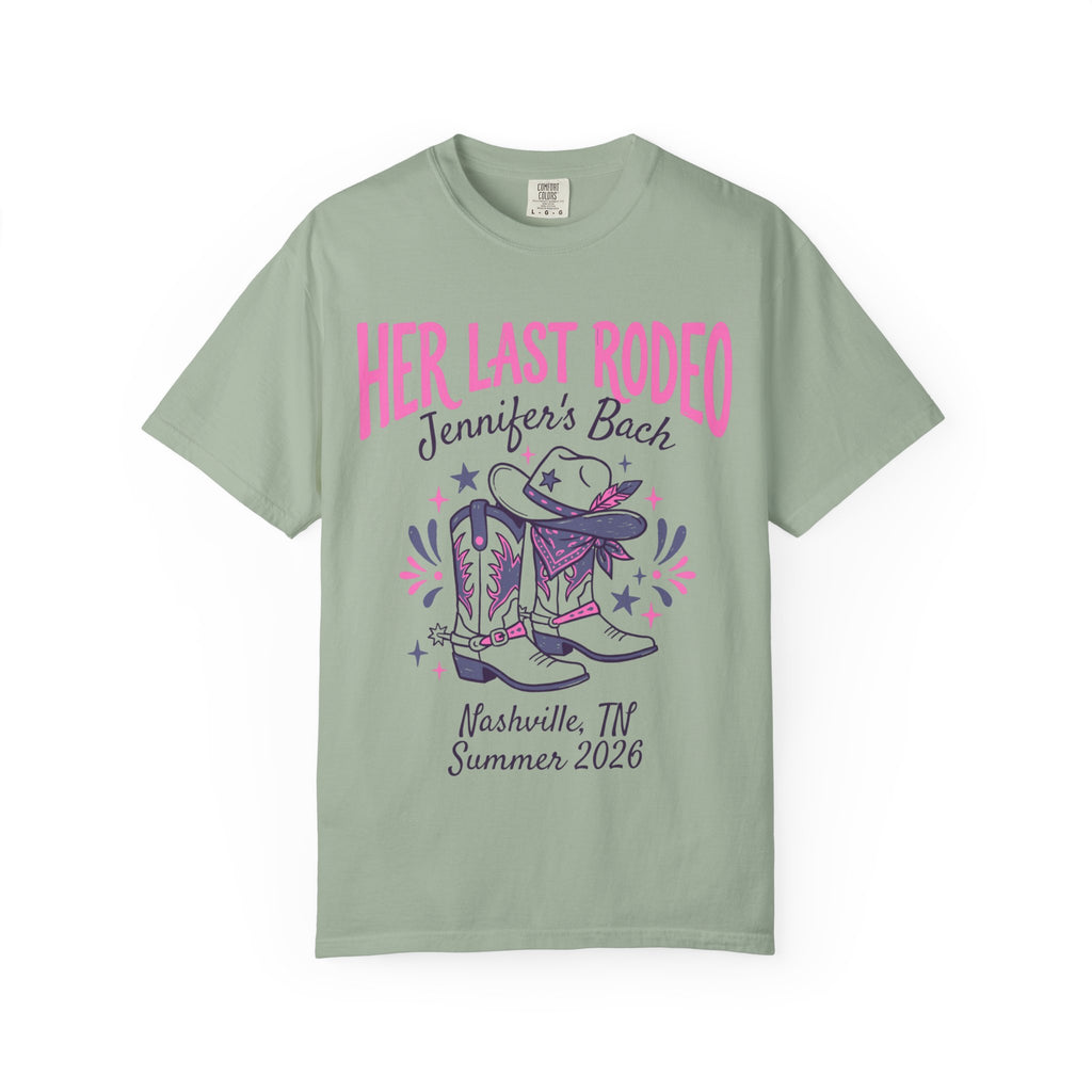 Cowboy boots and hat with "Her Last Rodeo" text for bachelorette.