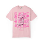 Pink t-shirt with "Her Last Rodeo" text and cowboy boot graphic.