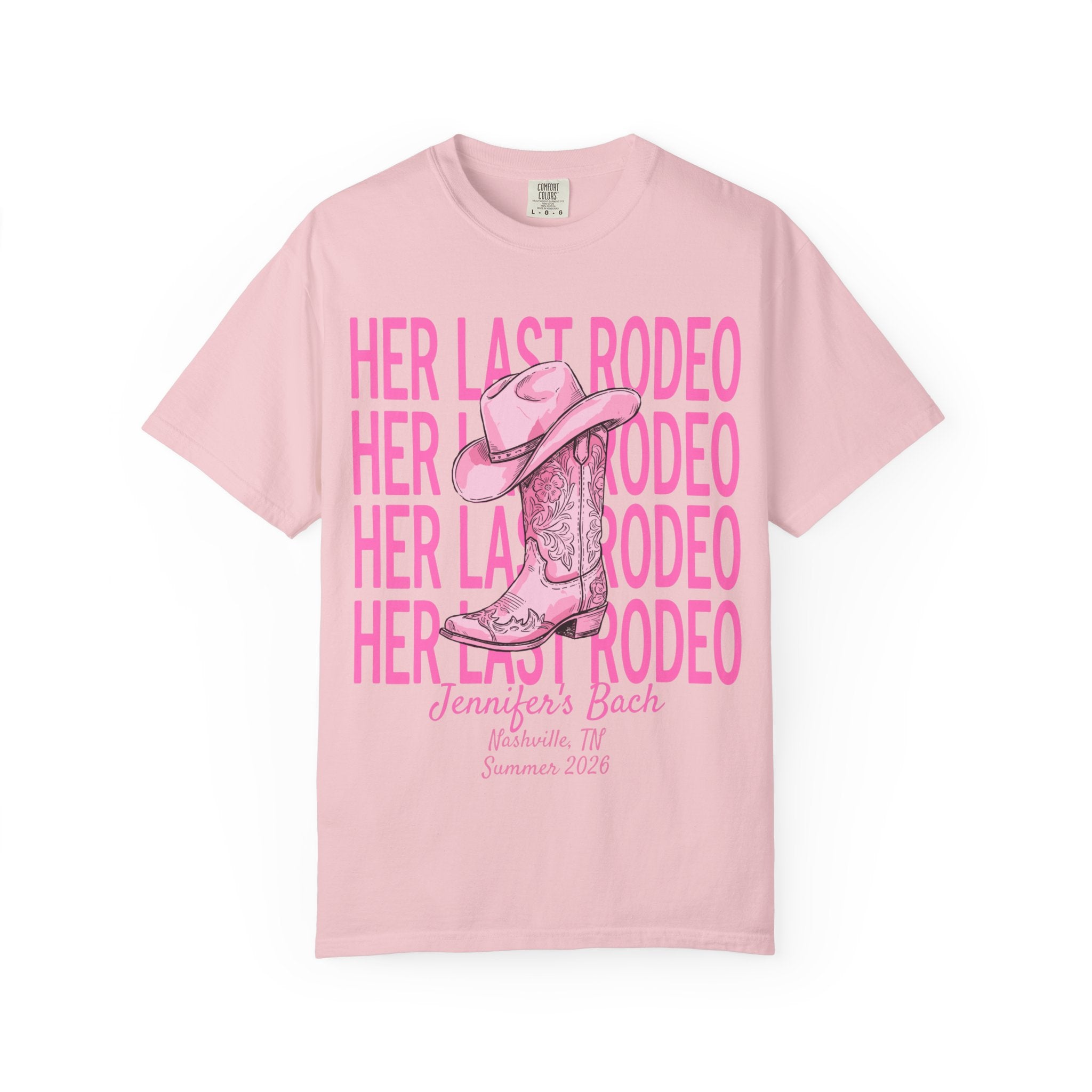 Pink t-shirt with "Her Last Rodeo" text and cowboy boot graphic.