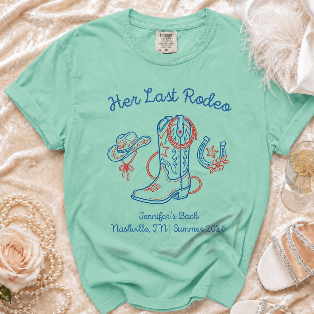 Mint green t-shirt with "Her Last Rodeo" and bachelorette details.