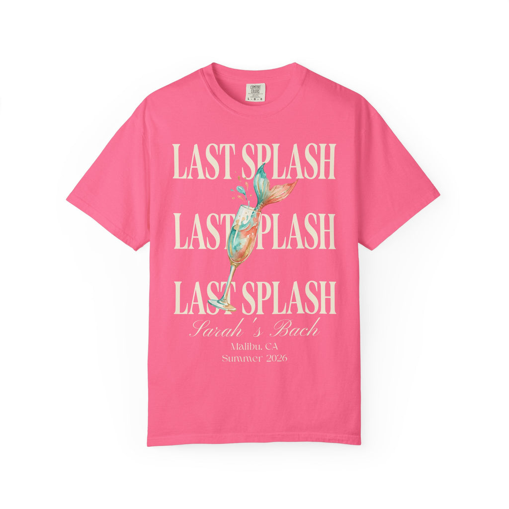 Pink t-shirt with "Last Splash" repeatedly printed in white and gold.