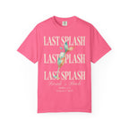 Pink t-shirt with "Last Splash" repeatedly printed in white and gold.