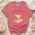 Coral t-shirt with "Sarah's Bach Last Splash Malibu, Ca SUMMER 2026" and margarita graphic.