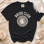 Black t-shirt with "Bride Club" and ghost graphic with wedding text.