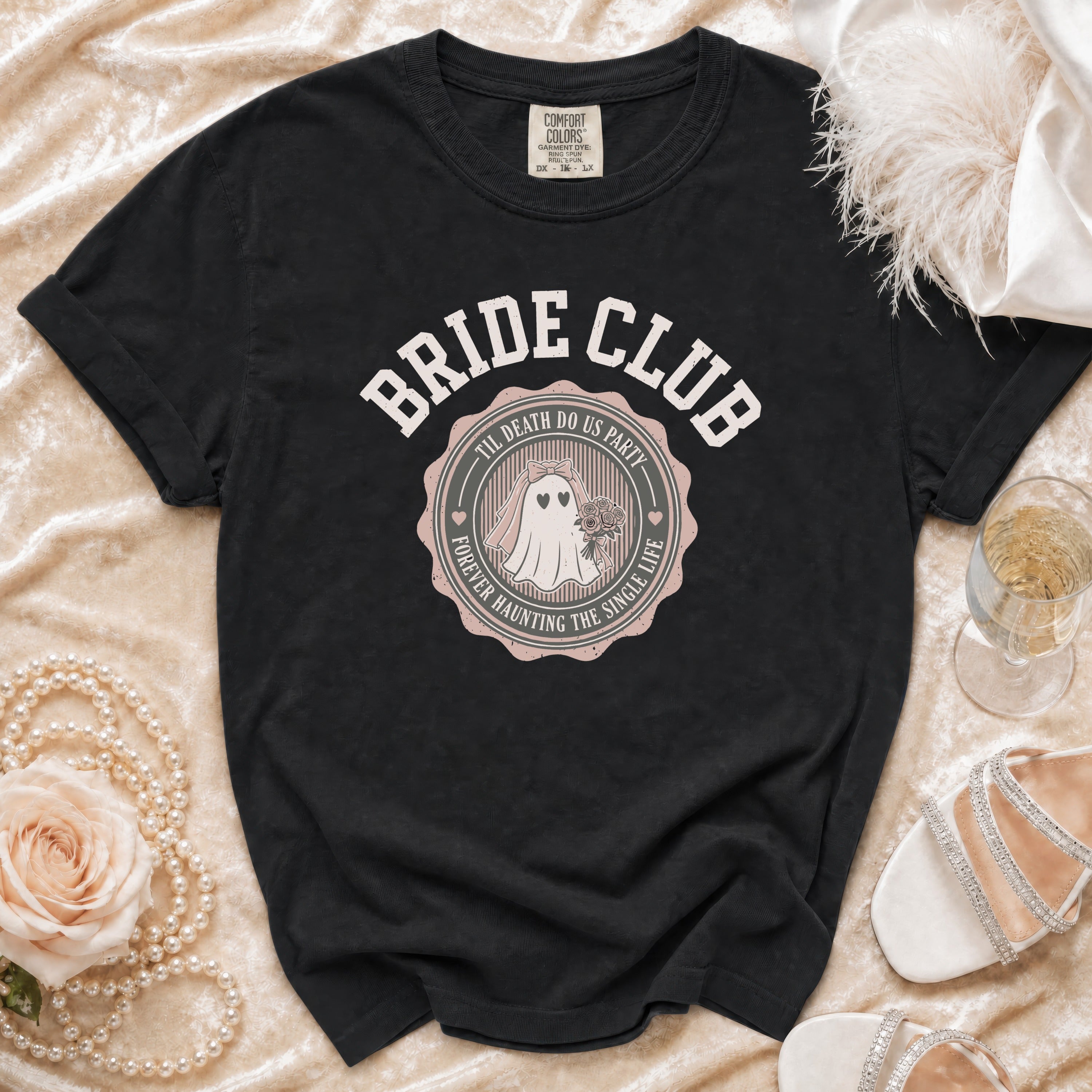 Black t-shirt with "Bride Club" and ghost graphic with wedding text.