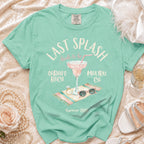 Mint green Comfort Colors t-shirt with "Last Splash Sarah's Bach Malibu, CA Summer 2026" text and graphics.