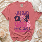 Maid of Honor AKA Chaos Coordinator text with ring and diamond graphic on pink t-shirt.