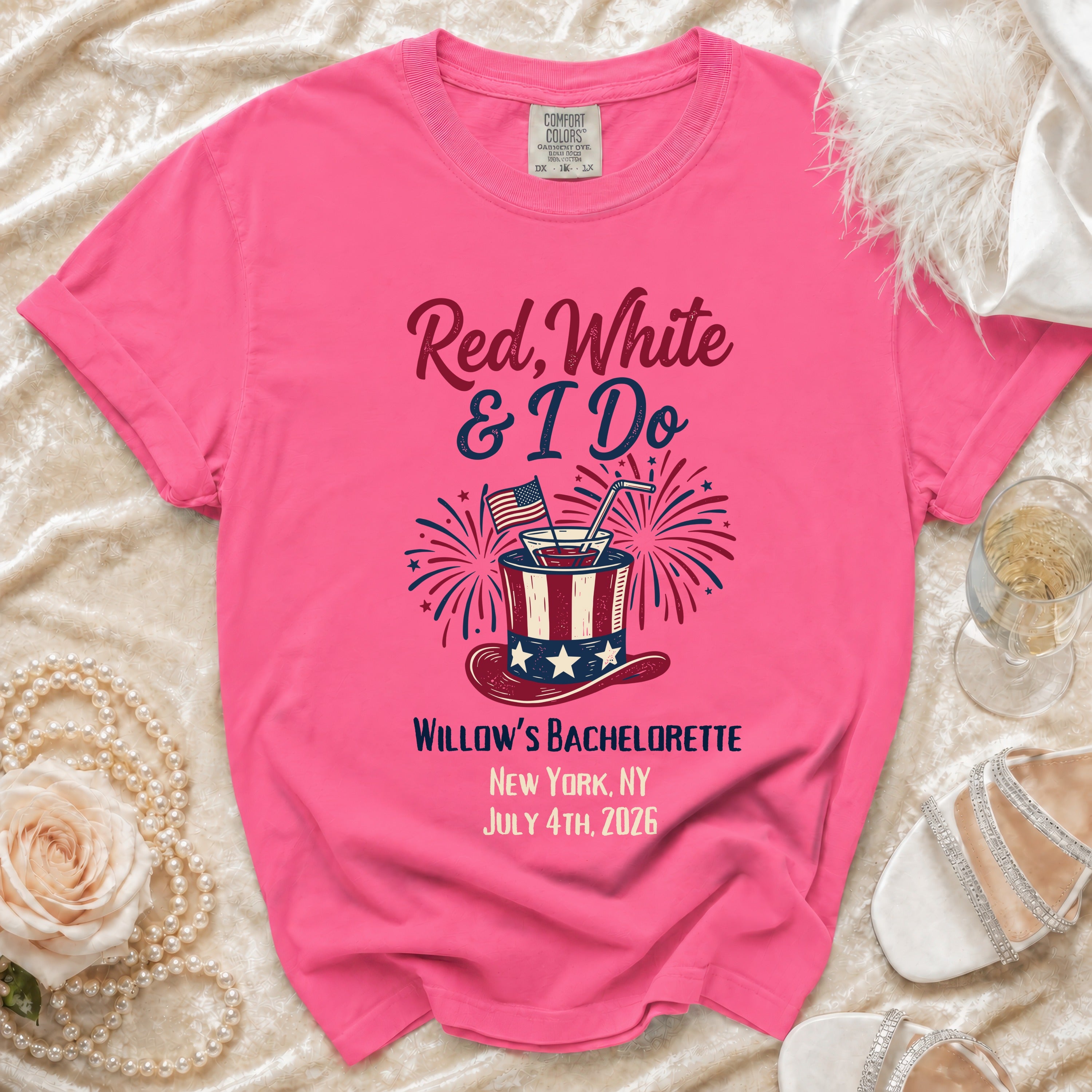 Pink t-shirt with "Red, White & I Do" and bachelorette details.