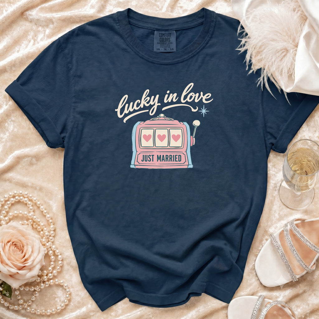 Navy t-shirt with "lucky in love" and slot machine graphic reading "JUST MARRIED".