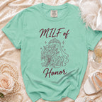 Mint green t-shirt with "MILF of Honor" text and bridal graphics.