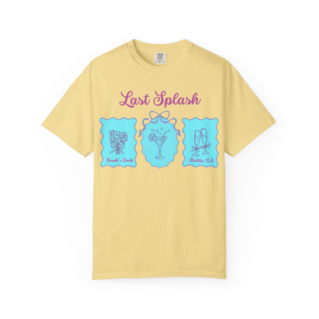 Yellow t-shirt with "Last Splash" and cocktail graphics.