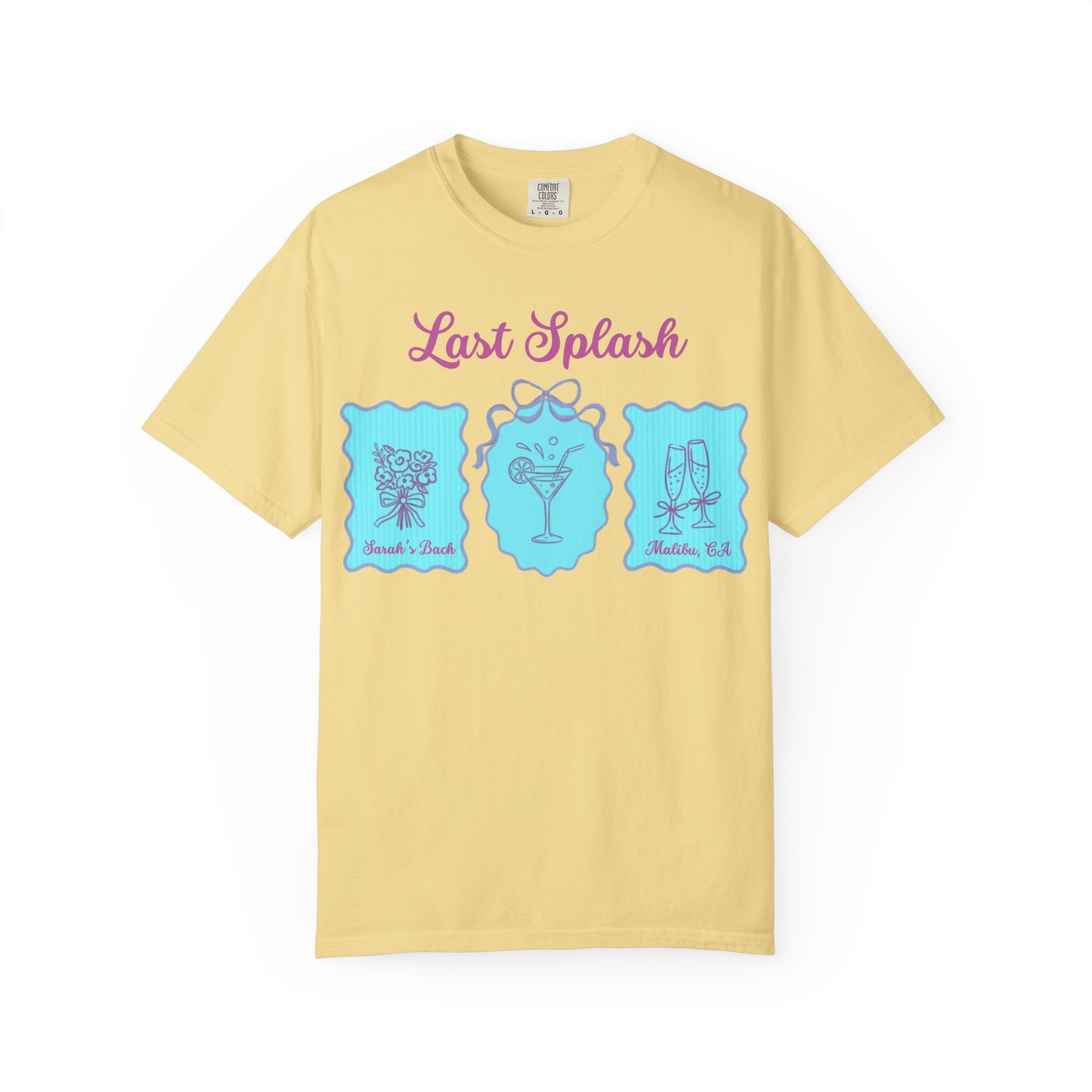 Yellow t-shirt with "Last Splash" and cocktail graphics.