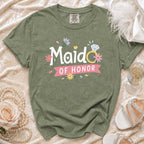 Green t-shirt with "Maid of Honor" text, diamond ring, and flowers graphic.