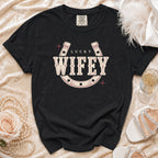 Black t-shirt with "LUCKY WIFEY" text and horseshoe graphic.