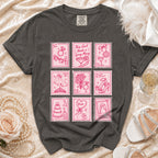 Dark grey t-shirt with nine pink stamp designs featuring bridal themes and text.
