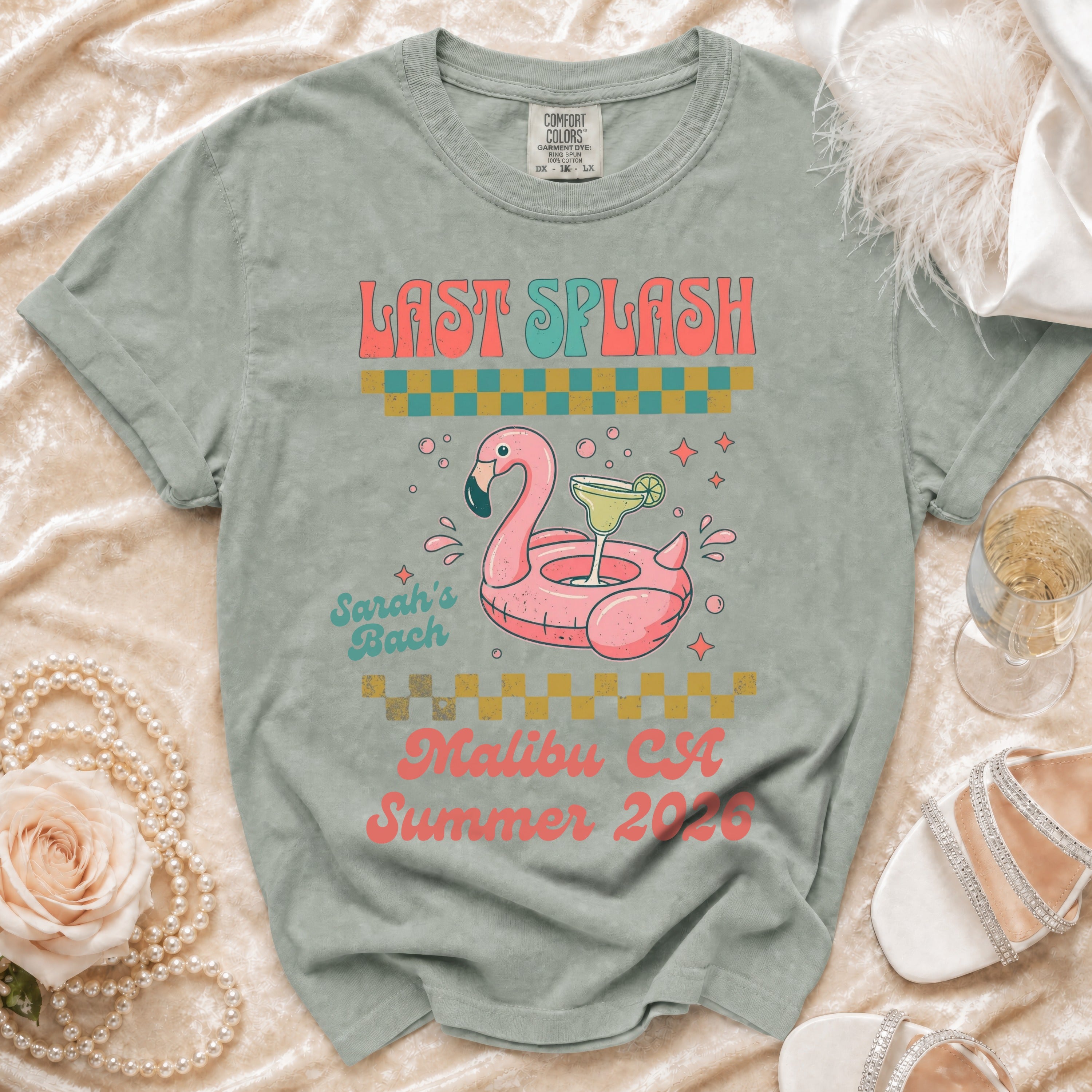 T-shirt with flamingo float, "Last Splash," and "Sarah's Bach Malibu CA Summer 2016."