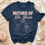 Navy blue t-shirt with "Mother of The Bride" text and ghost graphic.