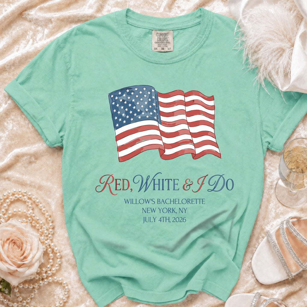 Mint t-shirt with "Red, White & I Do" and bachelorette details.