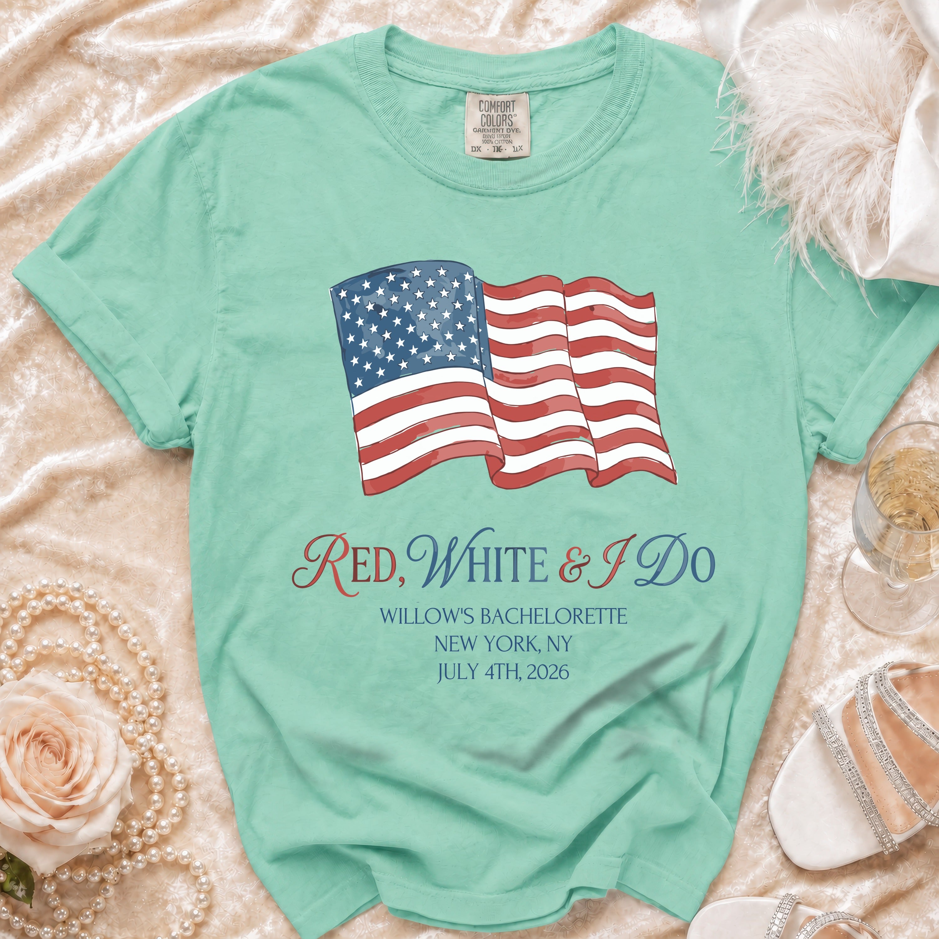 Mint t-shirt with "Red, White & I Do" and bachelorette details.