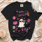 Black t-shirt with "Mother of the Bride Boo-tiful inside & out" graphic.