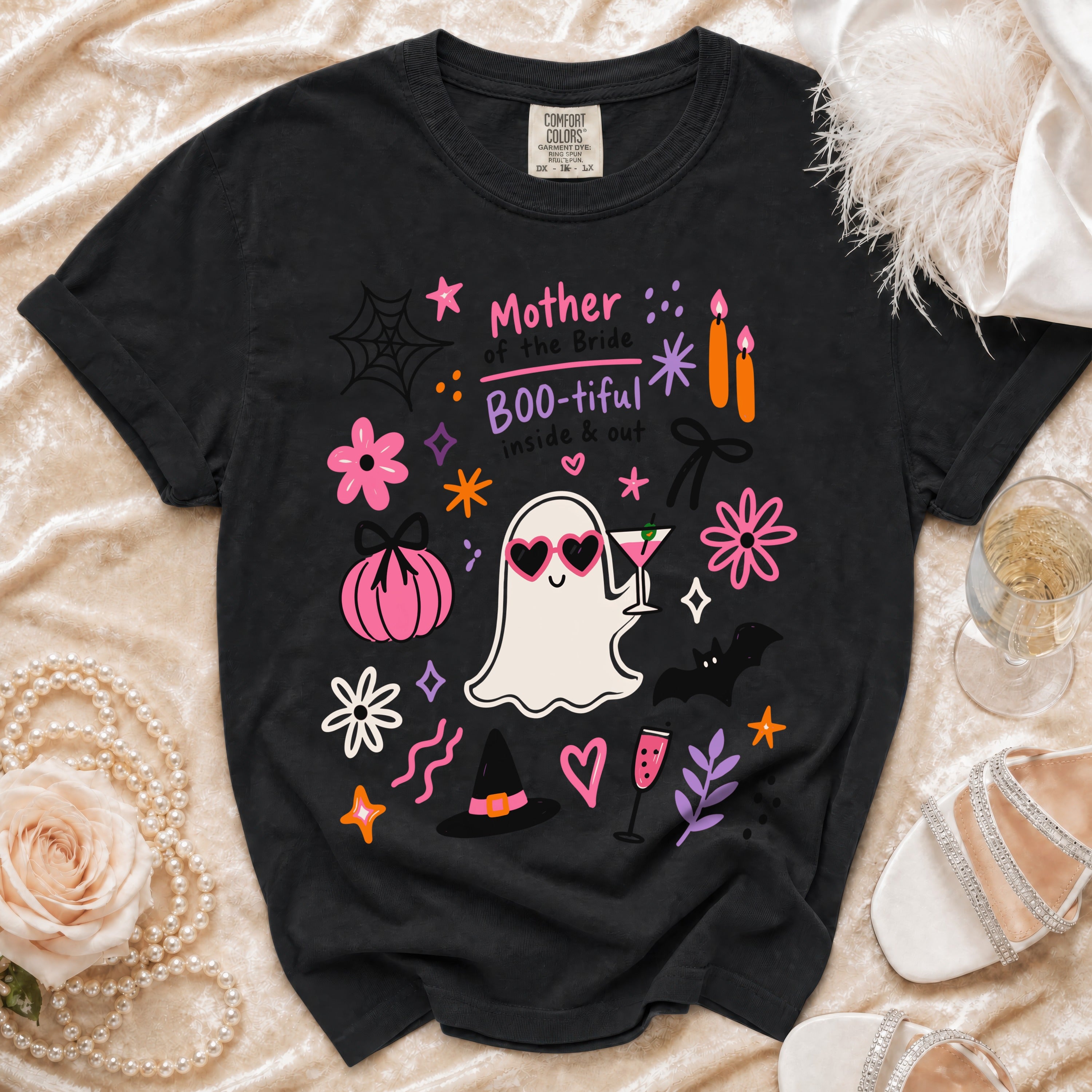 Black t-shirt with "Mother of the Bride Boo-tiful inside & out" graphic.