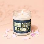 Candle labeled "Coven Logistics Manager" with text "Spreadsheets, Spells, Seating Charts" and "Vowed".