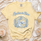 Yellow t-shirt with "Reckless in Texas, Olivia's Bach, Austin, TX, Summer 2026" text and western graphics.