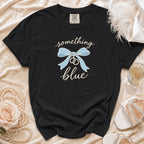 Black Comfort Colors t-shirt with "something blue" text and blue bow with rings.