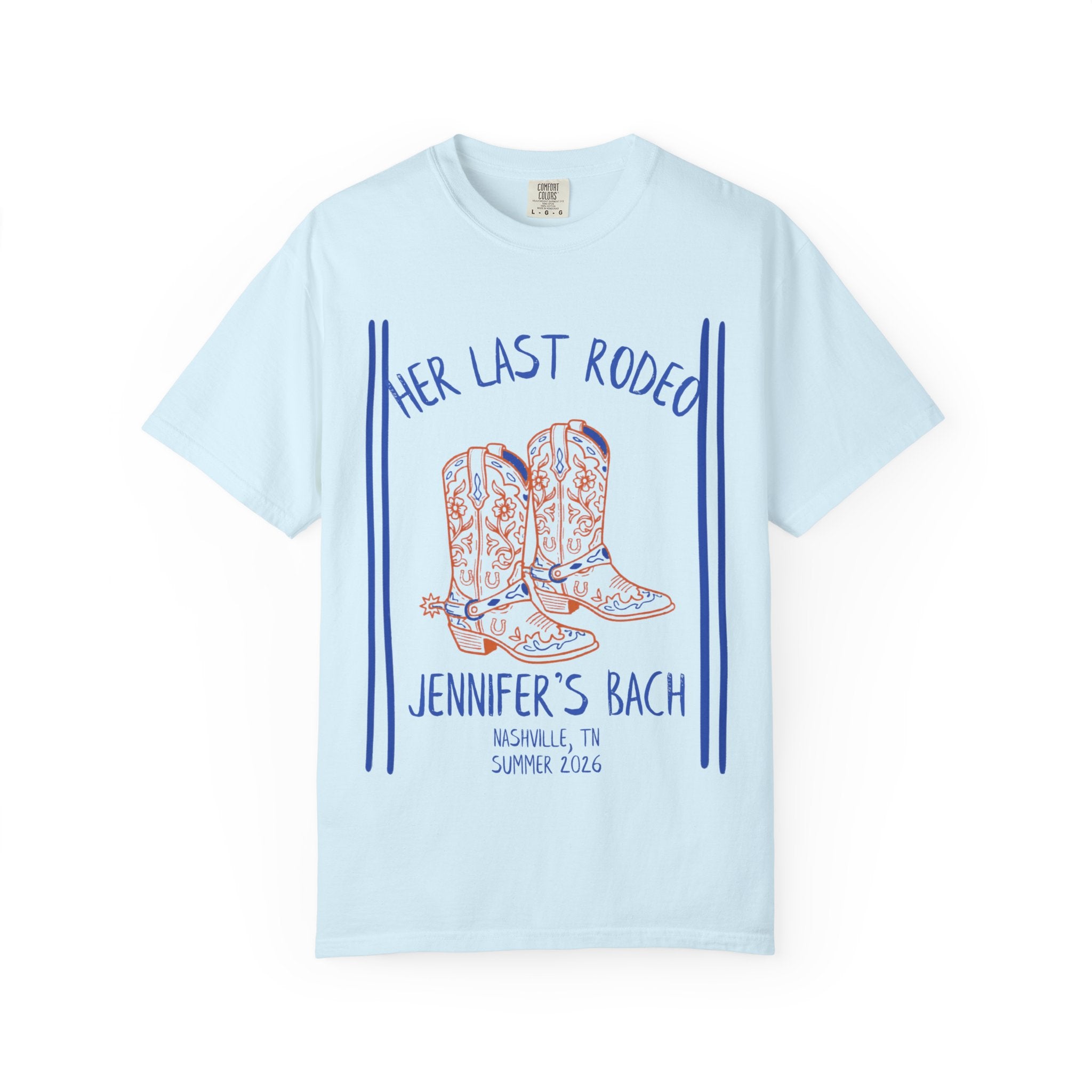 Light blue t-shirt with "Her Last Rodeo" and cowboy boots graphic.