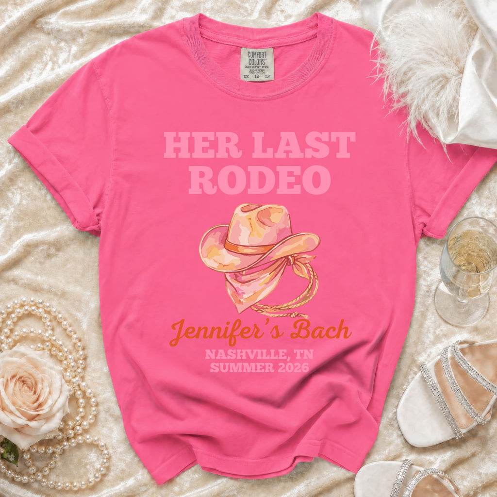Pink t-shirt with "Her Last Rodeo" and bachelorette party details.