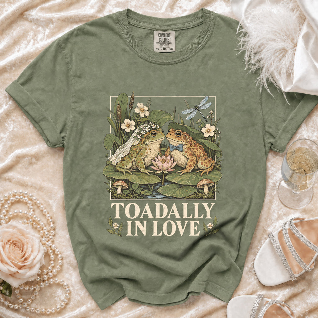 Green t-shirt with wedding frogs and "TOADALLY IN LOVE" text.