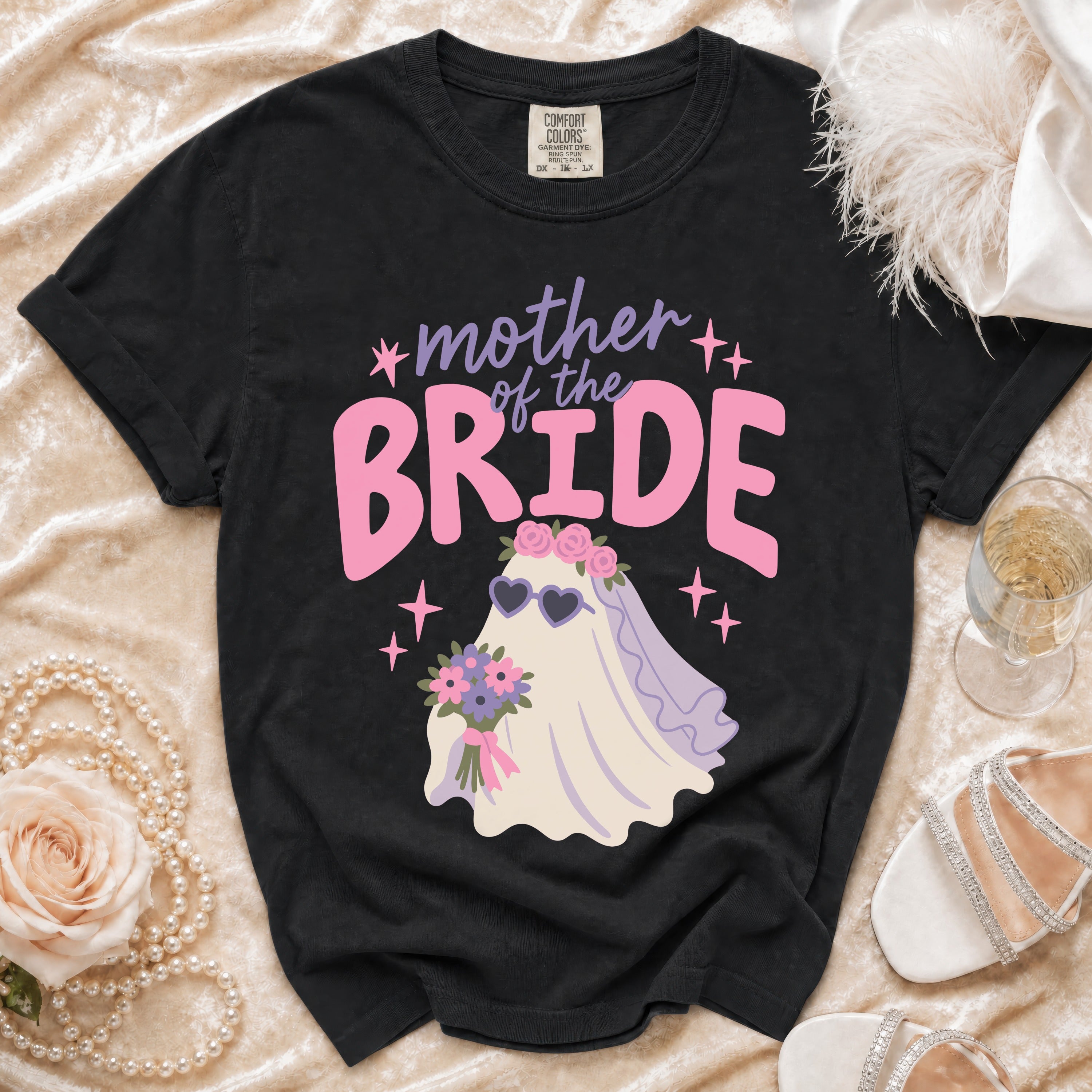 Black t-shirt with "Mother of the Bride" text and a ghost bride graphic.
