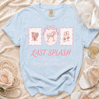 Light blue t-shirt with "Last Splash Sarah's Bach Malibu, CA, Summer 2026" and icons.