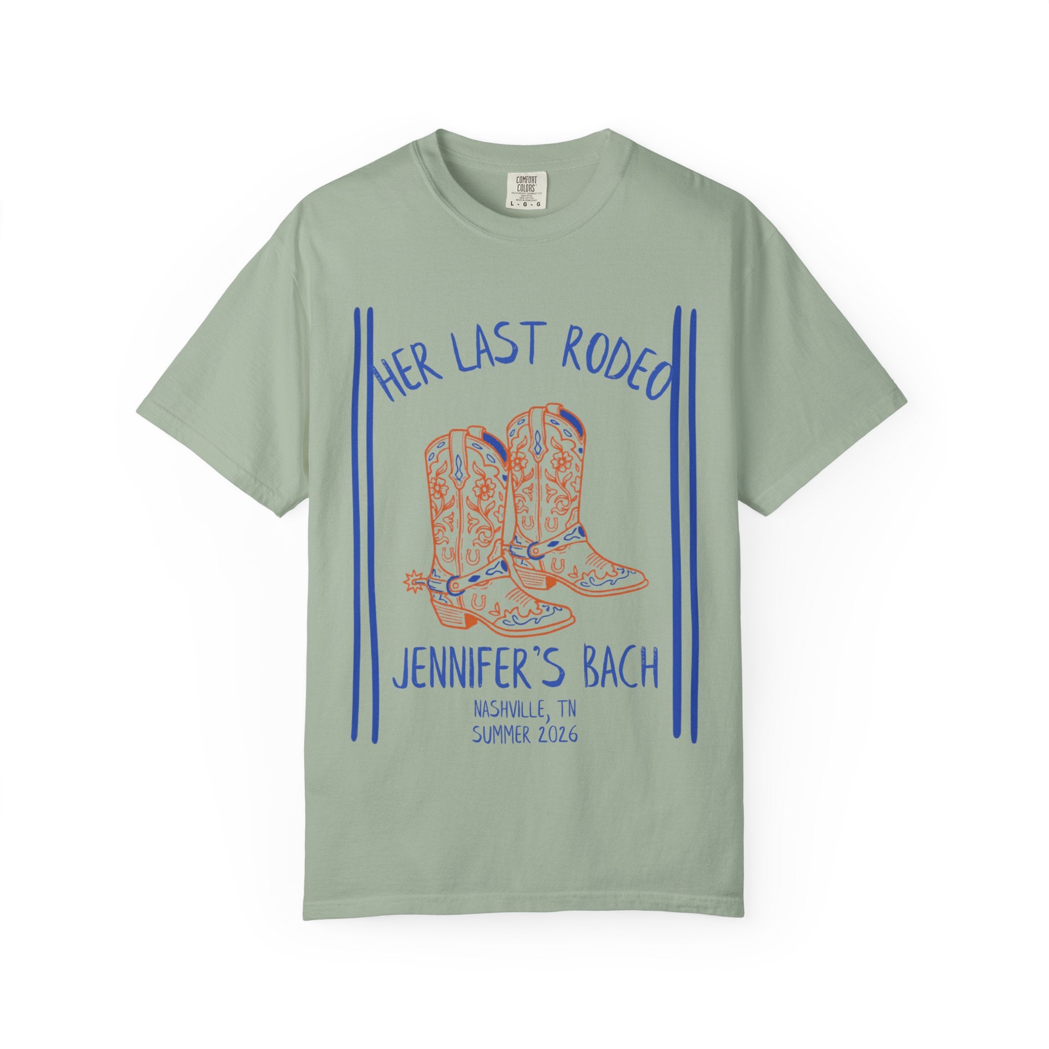 T-shirt with "Her Last Rodeo" and cowboy boots design.