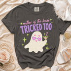 Dark grey t-shirt with "mother of the bride+ TRICKED TOO" text and ghost graphic.