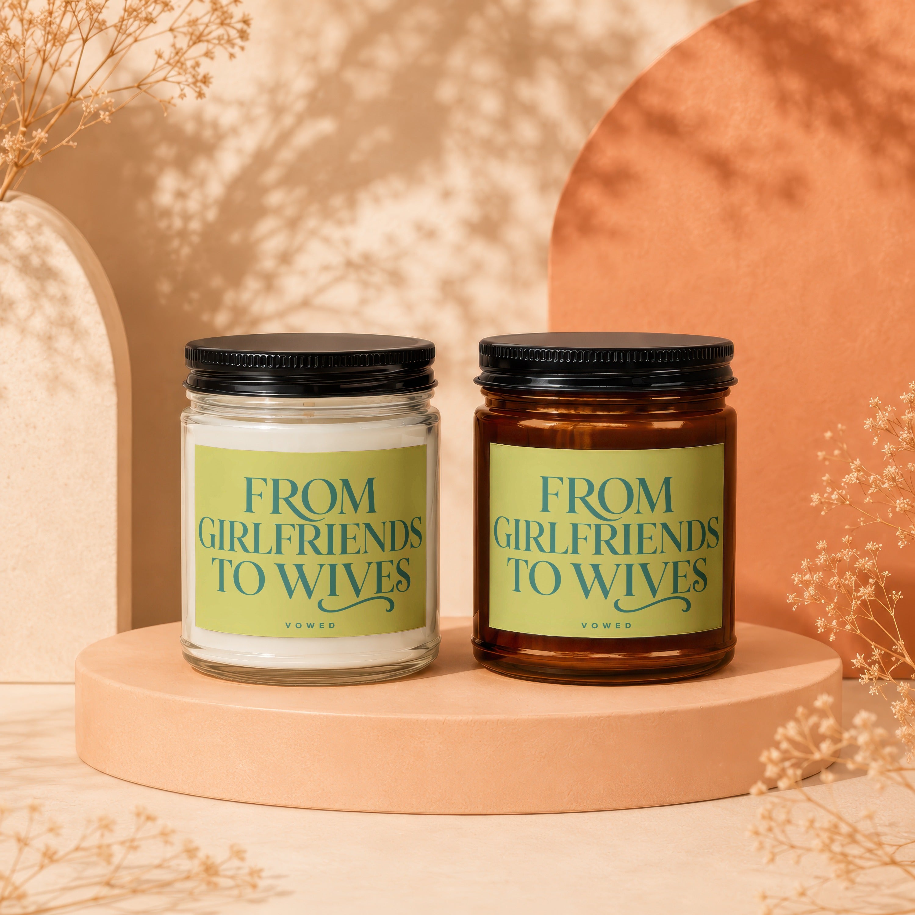 Two candles with "From Girlfriends to Wives" label on light green background.