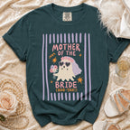 Dark green t-shirt with a ghost graphic that says "Mother of the Bride (Boo-Yah!)".