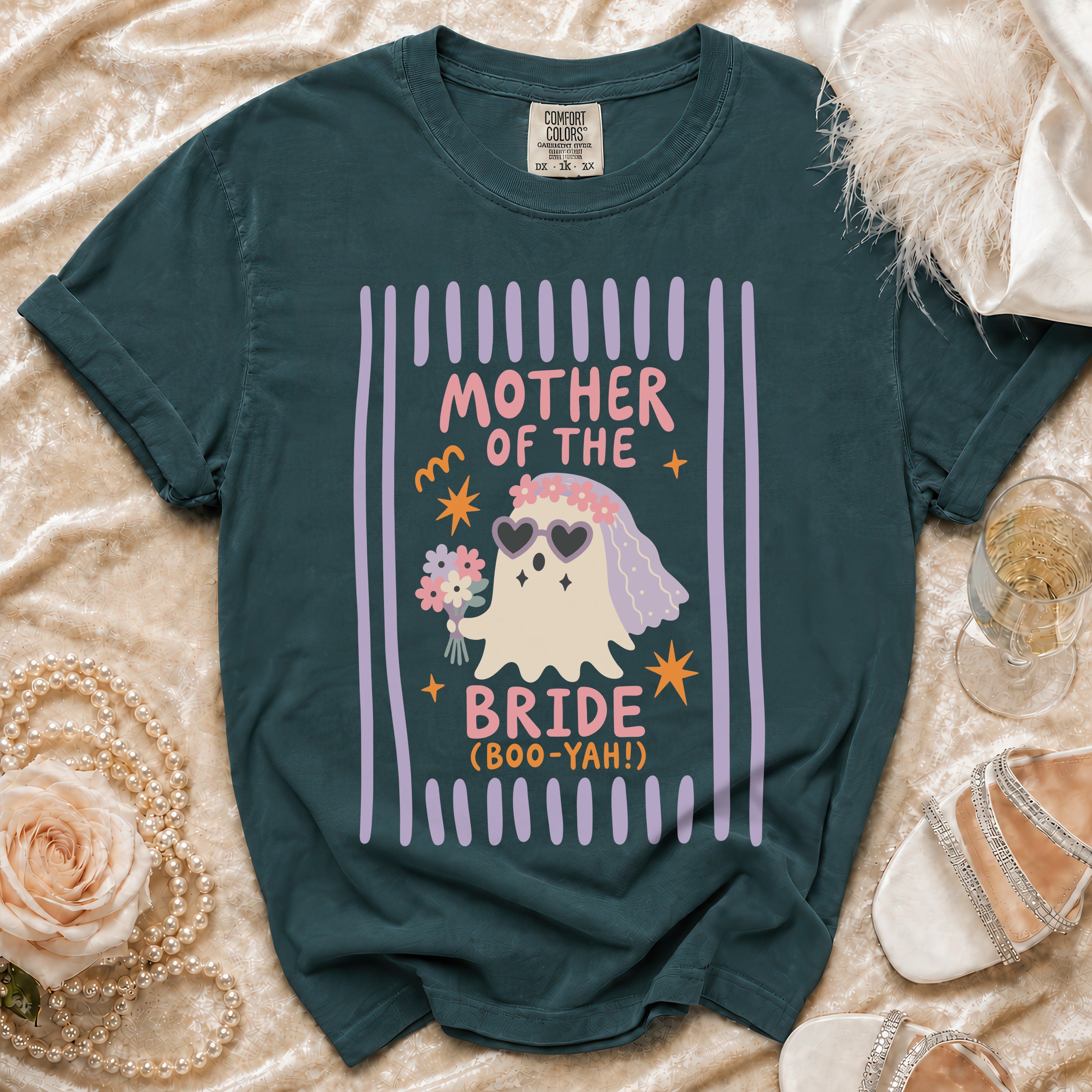 Dark green t-shirt with a ghost graphic that says "Mother of the Bride (Boo-Yah!)".