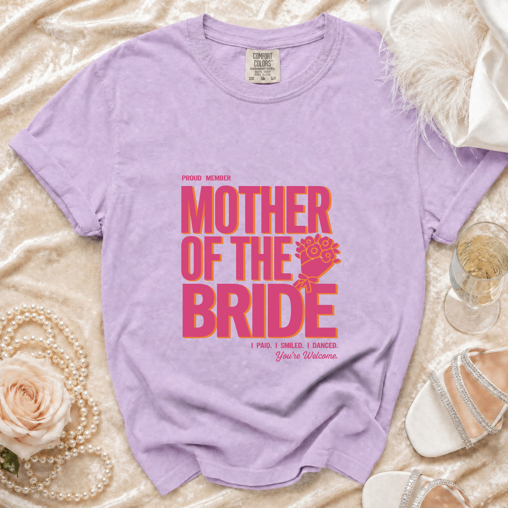 Purple t-shirt with "Mother of the Bride" text and floral design.