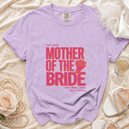 Purple t-shirt with "Mother of the Bride" text and floral design.