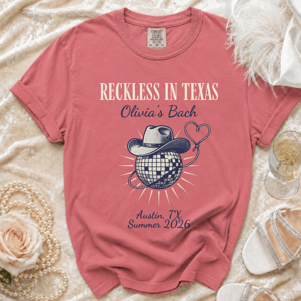 T-shirt with "Reckless in Texas Olivia's Bach Austin, TX Summer 2026" and cowboy hat.